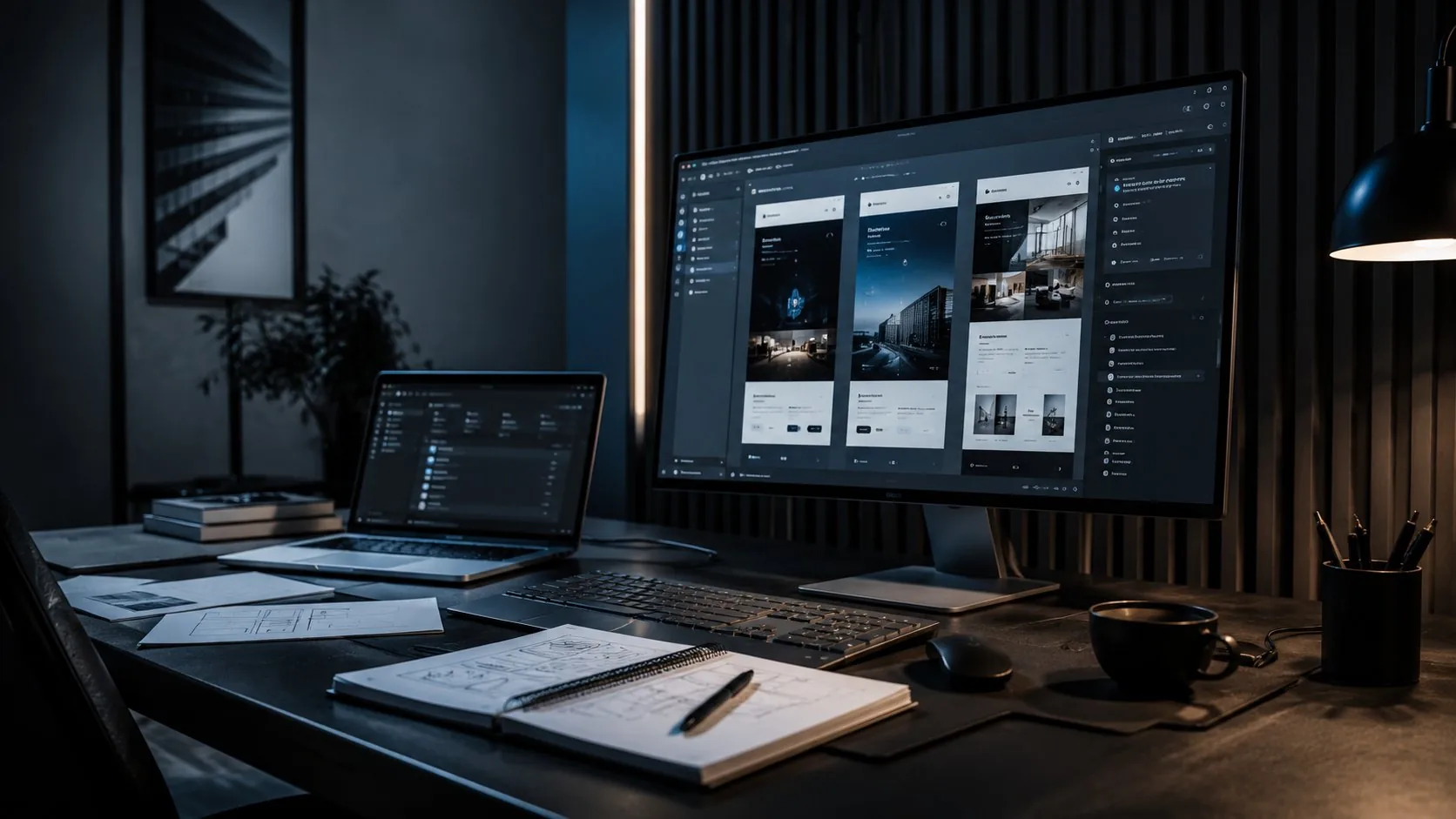 DraftUp – Webdesign Arbeitsplatz mit Monitor und Skizzen